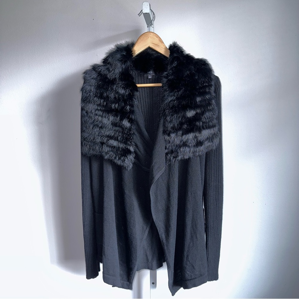 FATE Black Cardigan Sweater Angora Fur Trim Size Small Open Front Drape